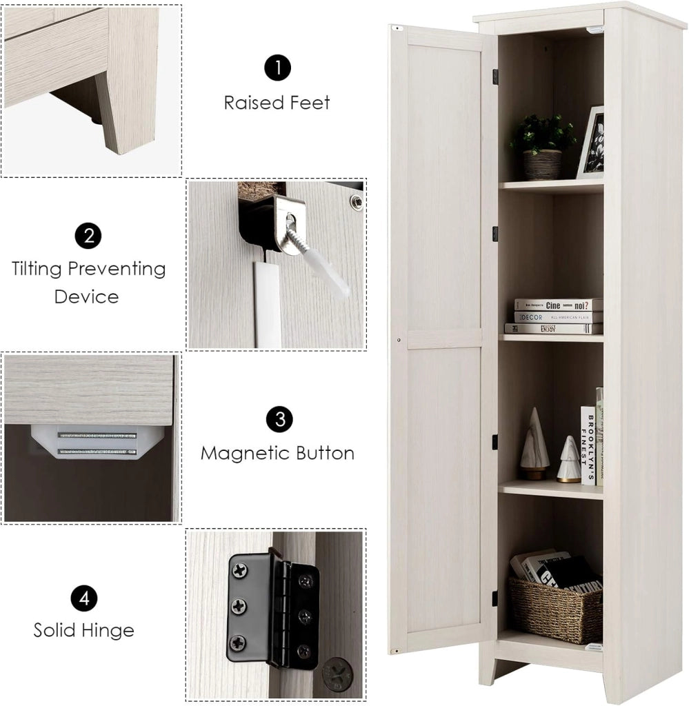 Armadietto alto da 183 cm, armadio stretto per bagno con 1 porta e 4 ripiani, armadio per la conservazione per cucina, soggiorno e bagno, armadio da cucina indipendente (Bianco)