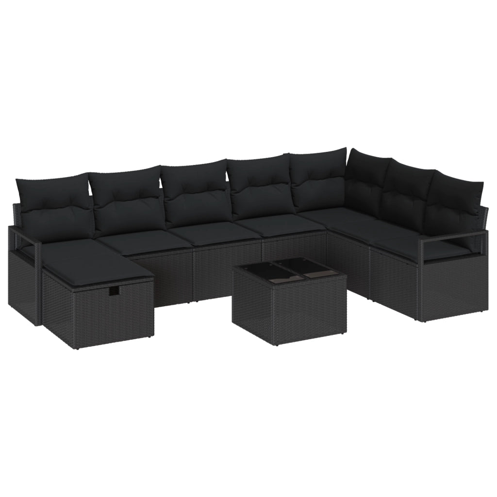 Set Divano da Giardino  9 Pezzi con Cuscini Nero Polyrattan