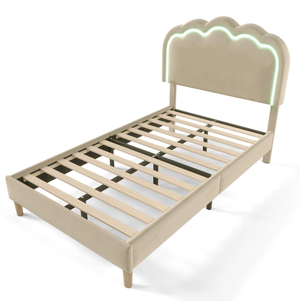 Letto imbottito singolo 90x200 cm con testiera LED regolabile; in lino beige
