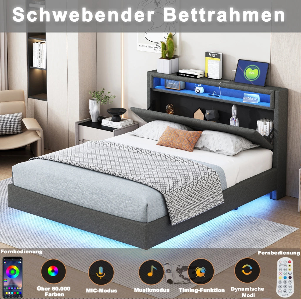Letto matrimoniale imbottito 140x200 cm con USB; LED e testiera ribaltabile; grigio