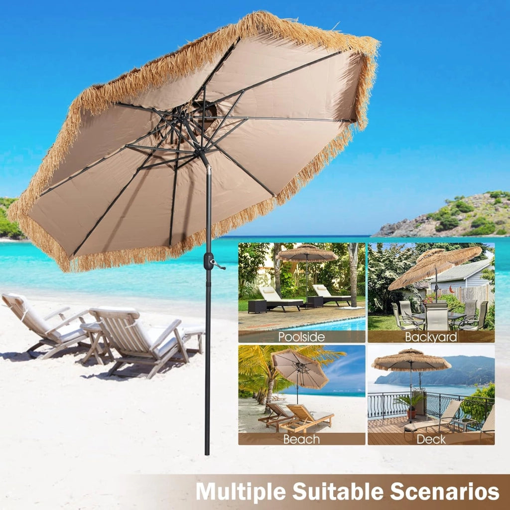 Ombrellone Spiaggia in Paglia Tropicale Hawaiano Pieghevole 300 cm, Parasole in Paglia, Parasole da Spiaggia con Doppio Tetto, Ombrellone per Giardino, Balcone, Giallo -Marrone, senza Base