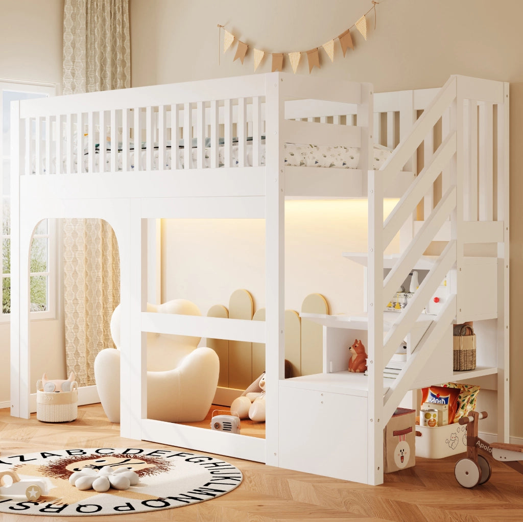 Letto a soppalco per bambini 90x200 cm con scala contenitore e LED