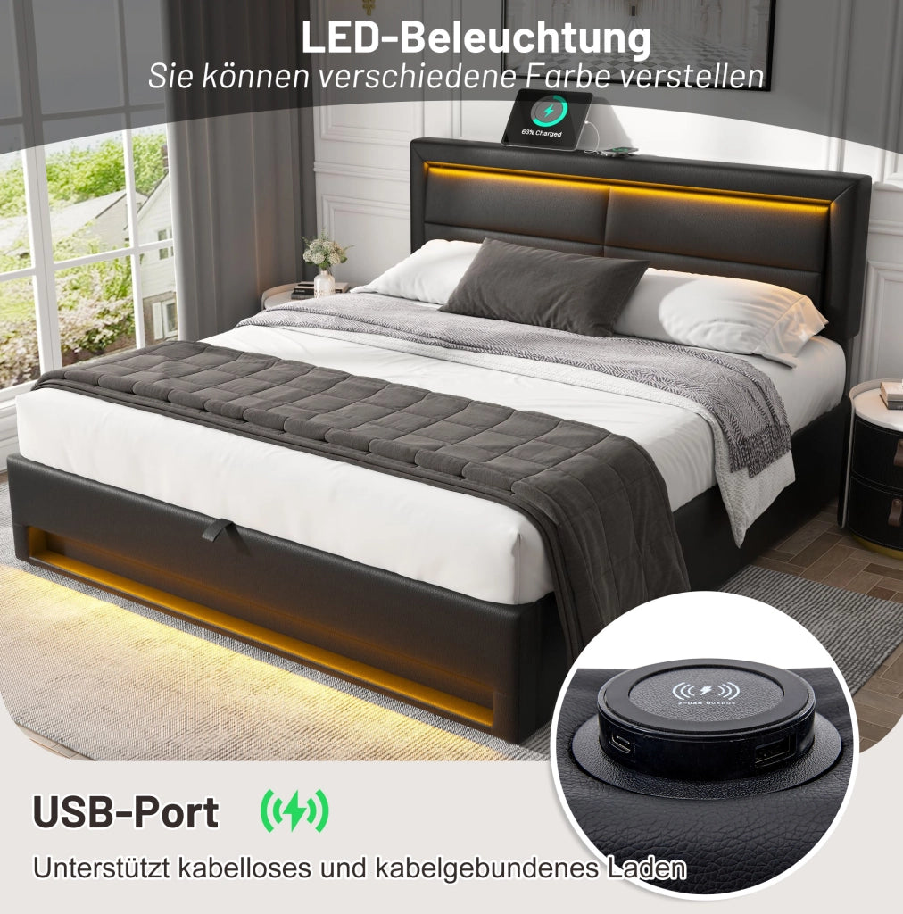 Letto imbottito nero 160 x 200 cm con USB, LED e vano contenitore