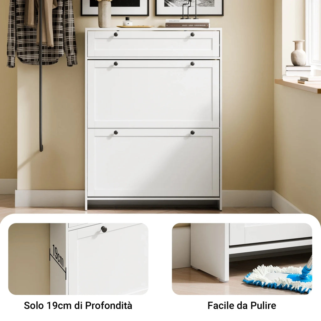 SoBuy FSR207-W, Scarpiera Salvaspazio Slim In Legno, Scarpiera Ingresso Moderna con 2 Ante a Ribalta e 1 Cassetto, Design Compatto per Spazi Ristetti, Facile da Pulire, Bianco, 80x19x107 cm