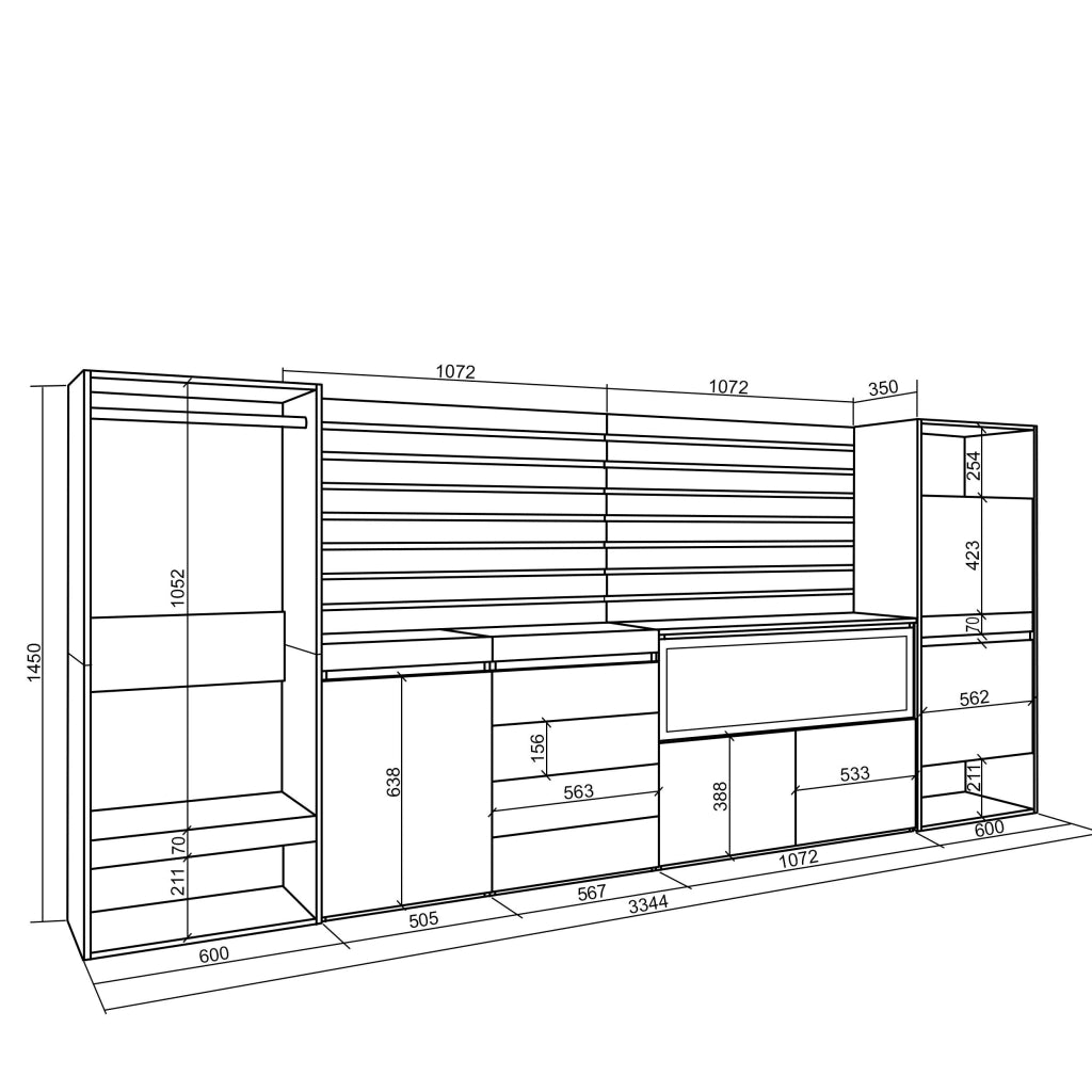 Credenza, 334x35x145cm, Camera da letto, Camino elettrico XXL, Cassettiera, Scarpiera, Armadio Aperto, grigio cemento RF3395