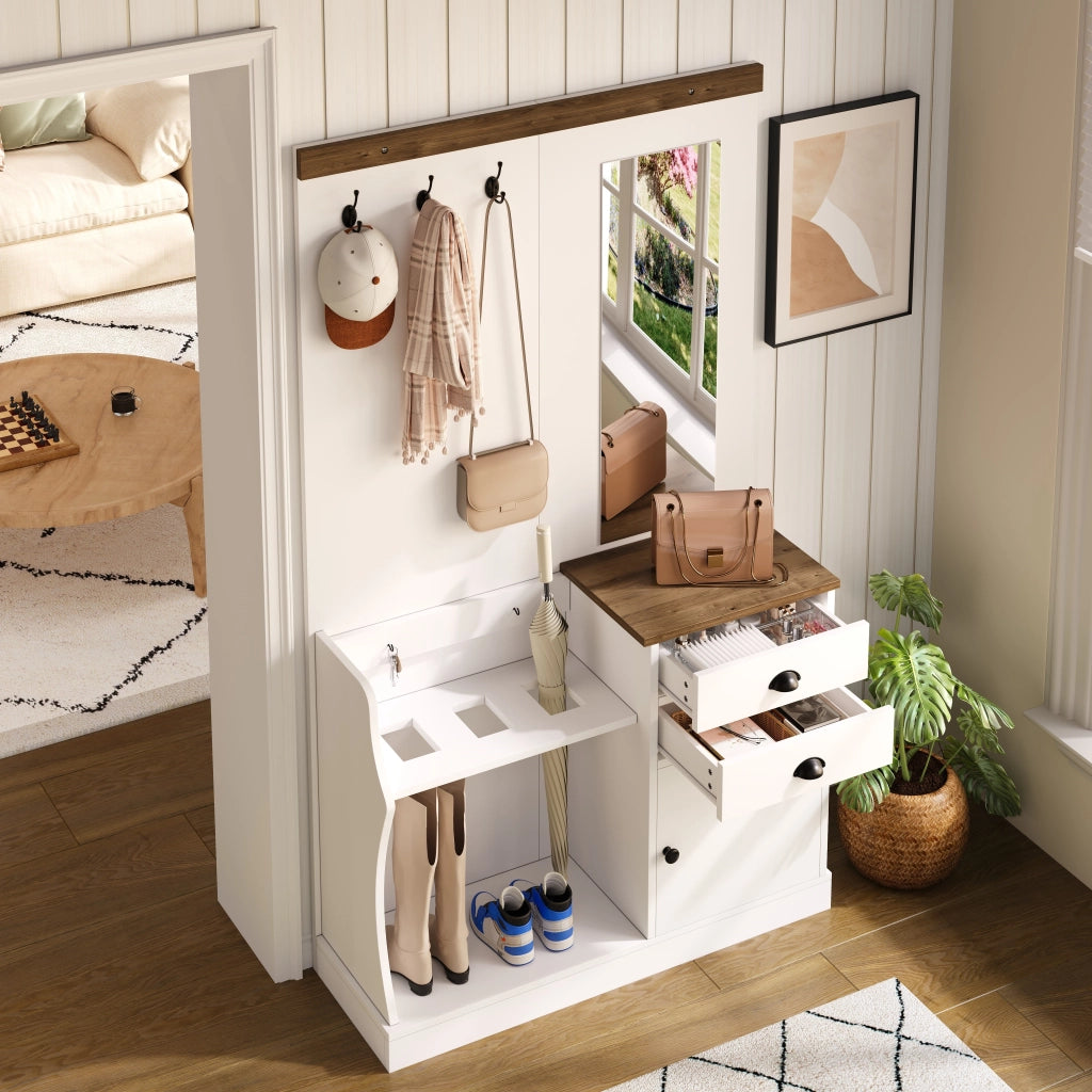 Mobile Ingresso con Specchio; 1 Anta; 2 Cassetti; Portaombrelli e Appendini; Stile Moderno; in Pannello di Particelle; Bianco; 110;5??38??191 cm