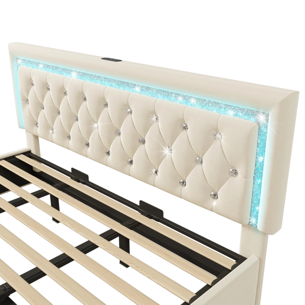 Letto Matrimoniale 180x200 cm; USB e Type-C; LED Regolabile; Contenitore Idraulico; in Velluto Beige