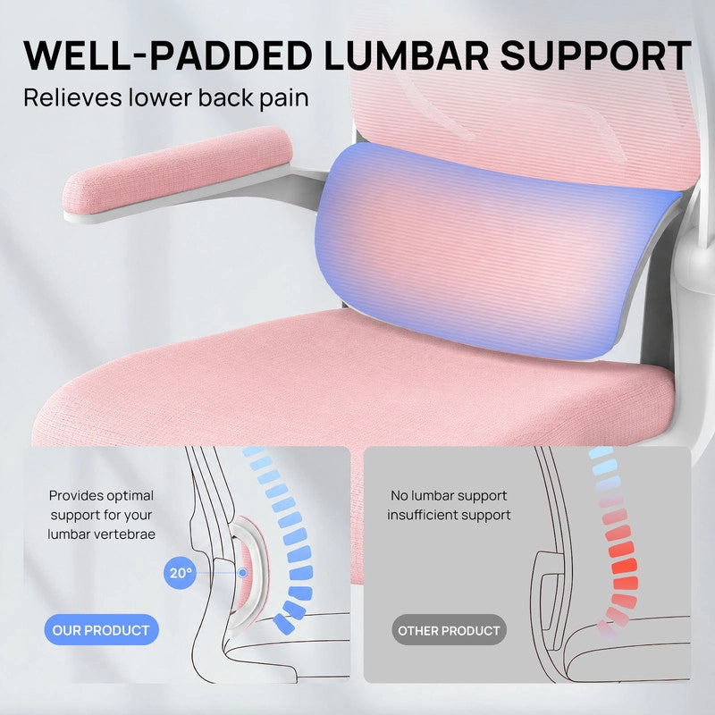 Sedia da ufficio ergonomica - Poltrona HAMLODY - con braccioli pieghevoli a 90° - Supporto lombare - Regolabile in altezza Rosa