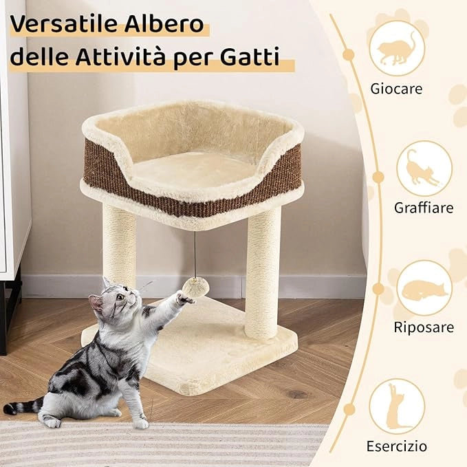 Albero per Gatti 38 x 38,5 x 51 cm, Torre per Gatti con Posatoio in Peluche, Pali Graffianti in Sisal e Palla Pendente, Centro Attività Moderno per Animali Domestici (Beige)