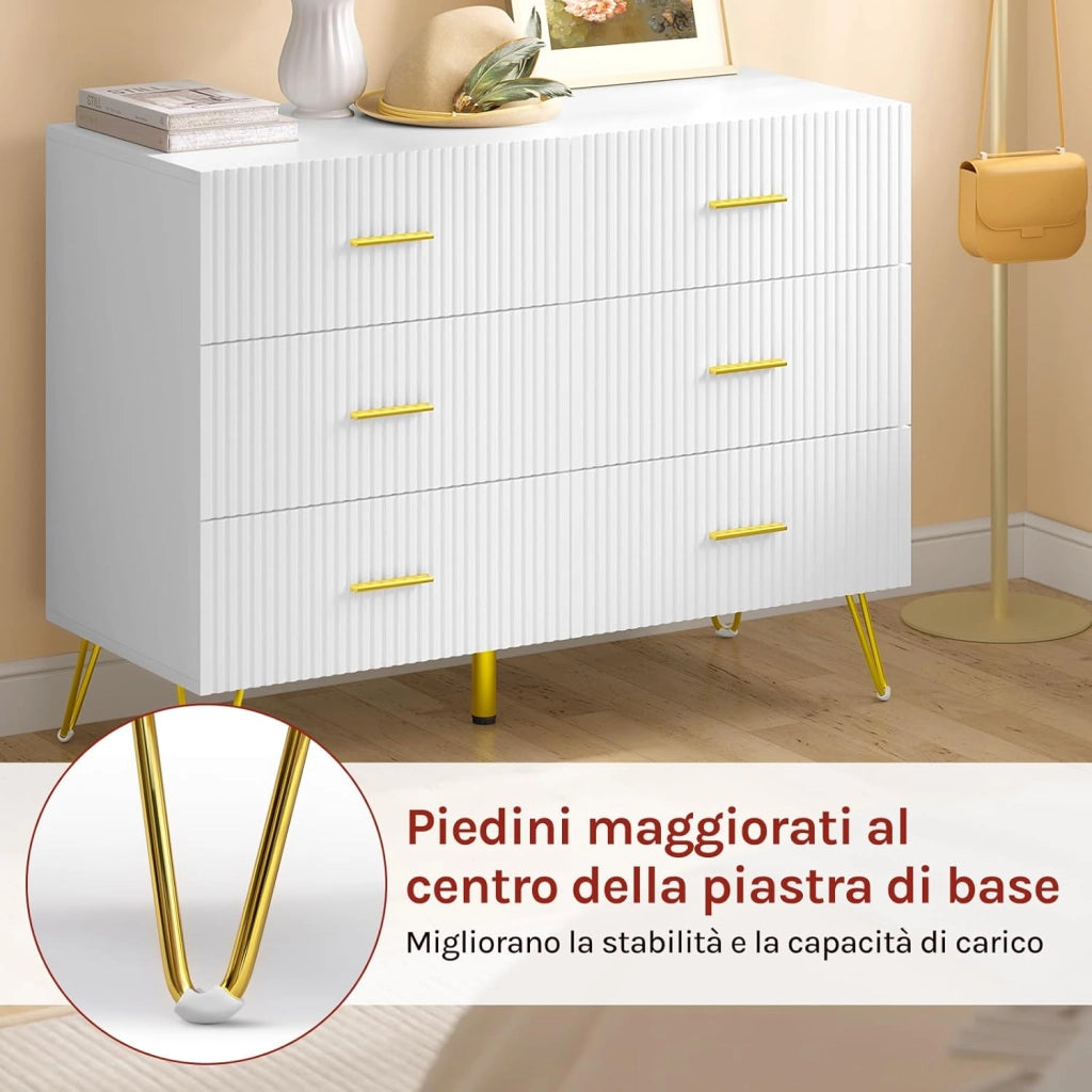 WOLTU Comò Bianco per Camera da Letto, Cassettiera 6 Cassetti in Legno con Gambe Metalliche Dorate, Mobile Contenitore per Soggiorno o Ingresso, Dimensioni 100x40x75 cm, KMD002ws
