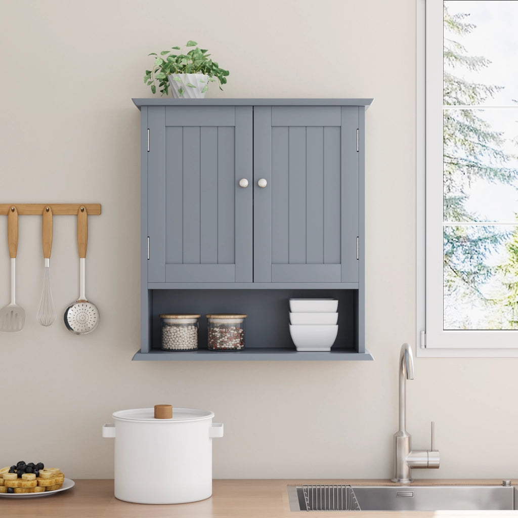 Armadietto da bagno pensile in MDF grigio chiaro con ripiani interni regolabili, mobile salvaspazio da parete
