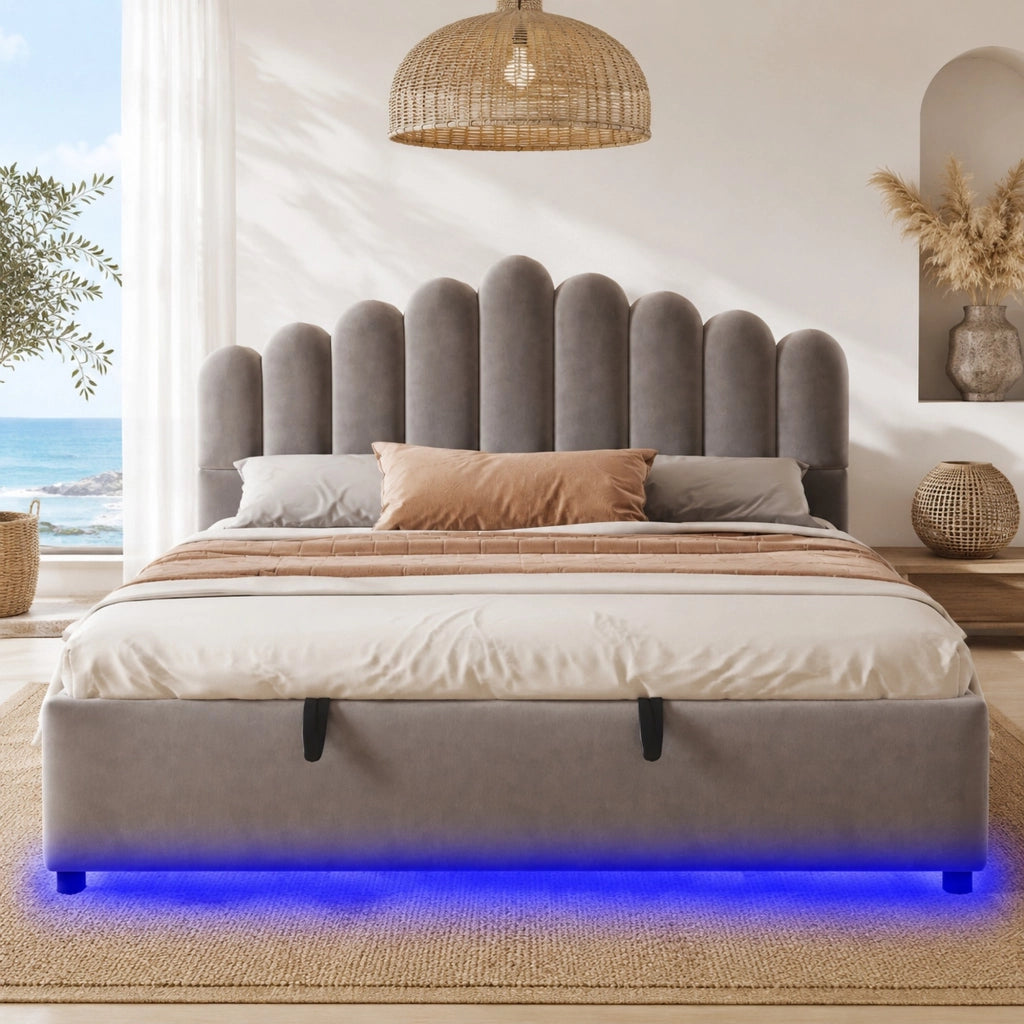 Letto imbottito 180x200 cm con contenitore idraulico; LED; velluto grigio