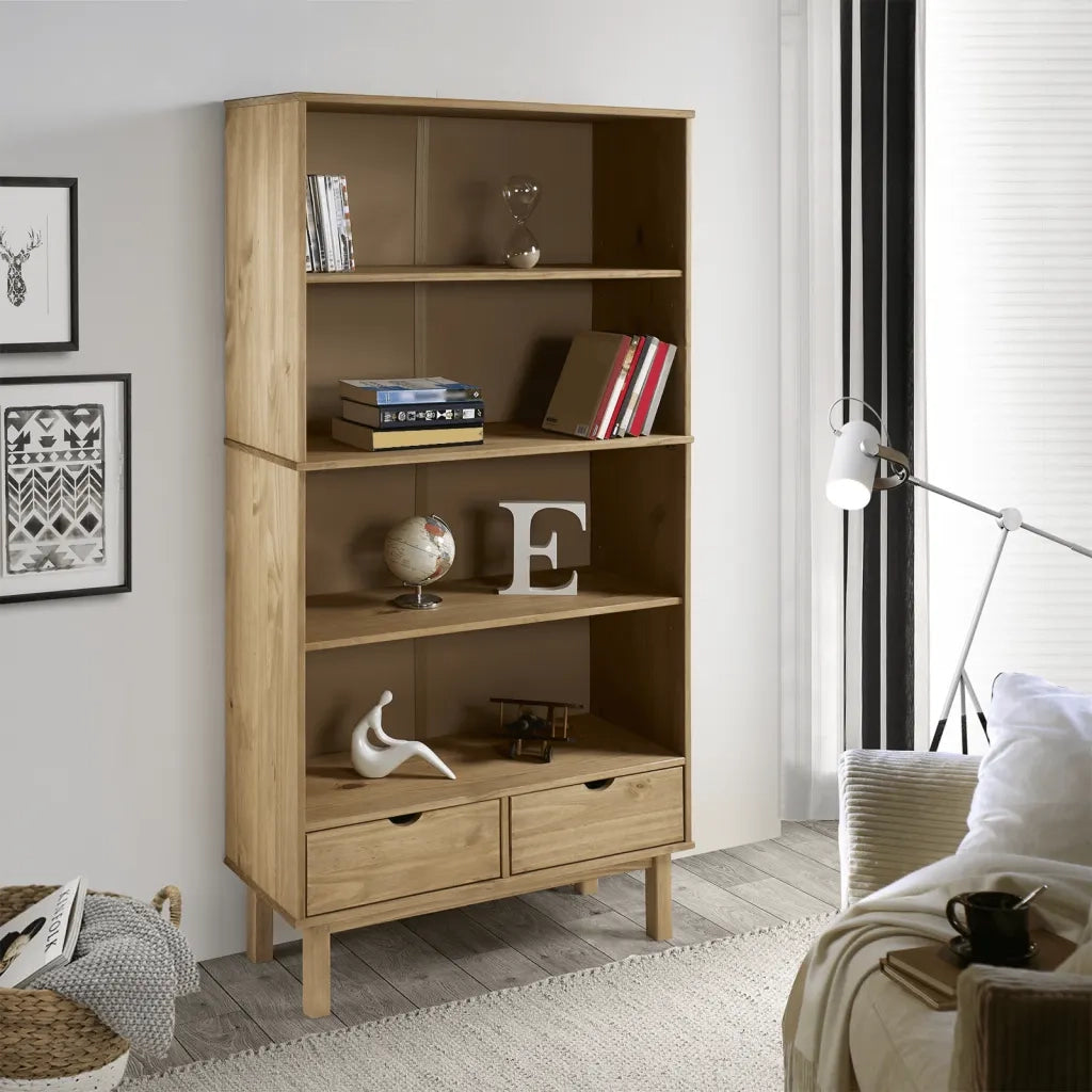 Libreria-Scaffale per Libri-Mobile di Stoccaggio OTTA con 2 Cassetti Marrone in Legno Massello di Pino