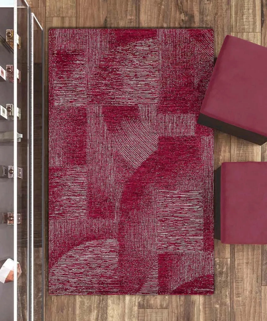 Tappeto Arredo GRAFFIO ROSSO MAGENTA salotto soggiorno camera, disegno geometrico con linee stile astratto, multiuso lavabile antiscivolo cm.85x150