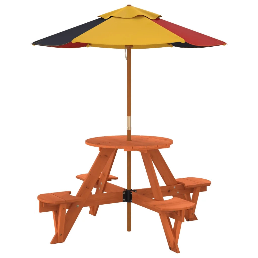 Tavolino da Giardino | Tavolo Picnic per 4 Bambini con Ombrellone Rotondo Legno Abete