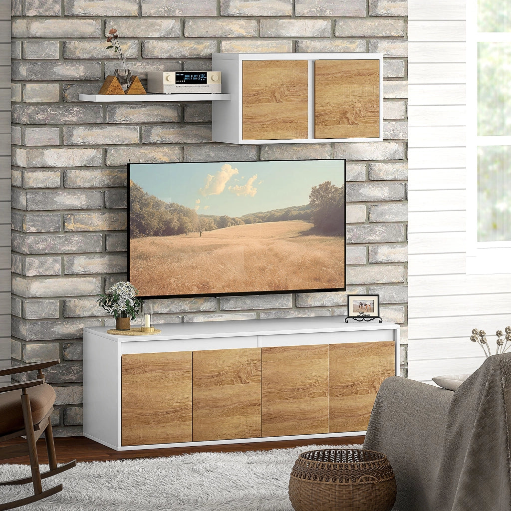 Set Mobile TV e Armadietto a Muro con 7 Ripiani e Scaffale Aperto, in Legno, 120x41x43.3 cm, Bianco e color Legno