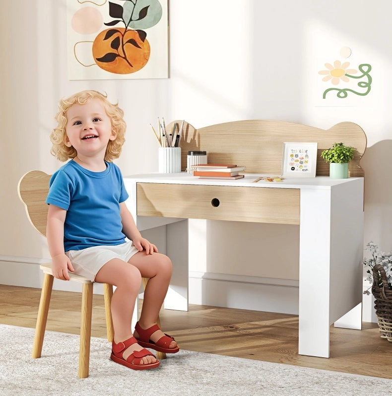Set scrivania e sedia per bambini in legno naturale con cassetto