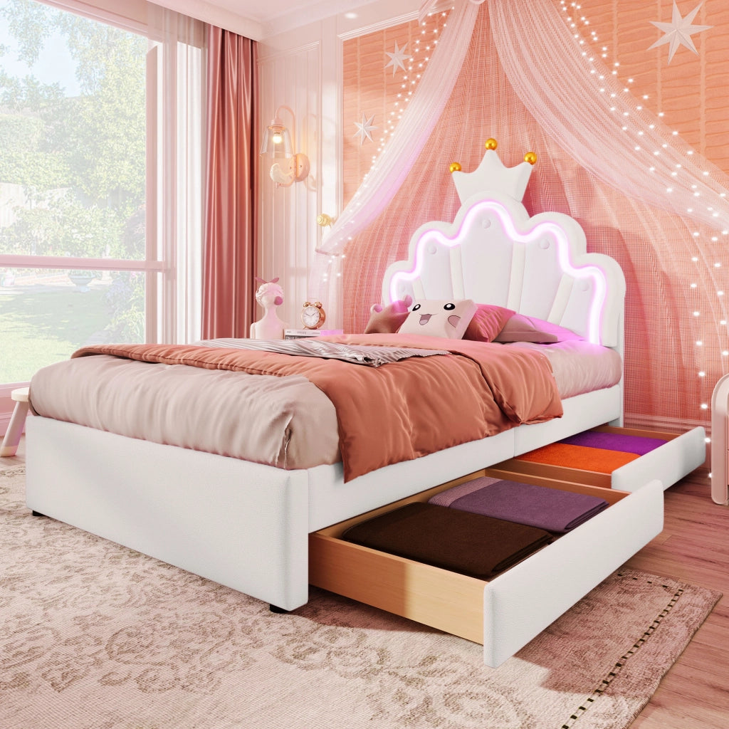 Letto per Bambini 1 Posto con 2 Cassetti; Testiera Regolabile e LED; 90×200 cm; senza Materasso