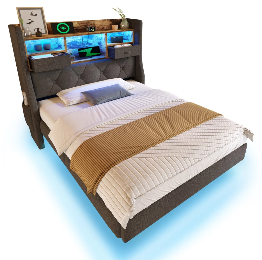 Letto singolo 90x200 cm imbottito in lino grigio con LED; testiera contenitore e porte USB