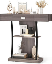 Tavolo Consolle in Legno, Tavolo Ingresso con Cassetti, Ripiani e 2 Kit Anti-ribaltamento, Tavolo Multiuso e Salvaspazio per Salotto, Camera da Letto e Corridoio, 91 x 30 x 88 cm (Grigio)