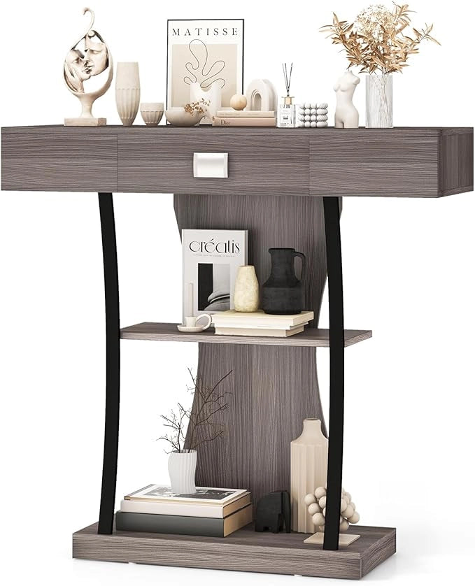 Tavolo Consolle in Legno, Tavolo Ingresso con Cassetti, Ripiani e 2 Kit Anti-ribaltamento, Tavolo Multiuso e Salvaspazio per Salotto, Camera da Letto e Corridoio, 91 x 30 x 88 cm (Grigio)
