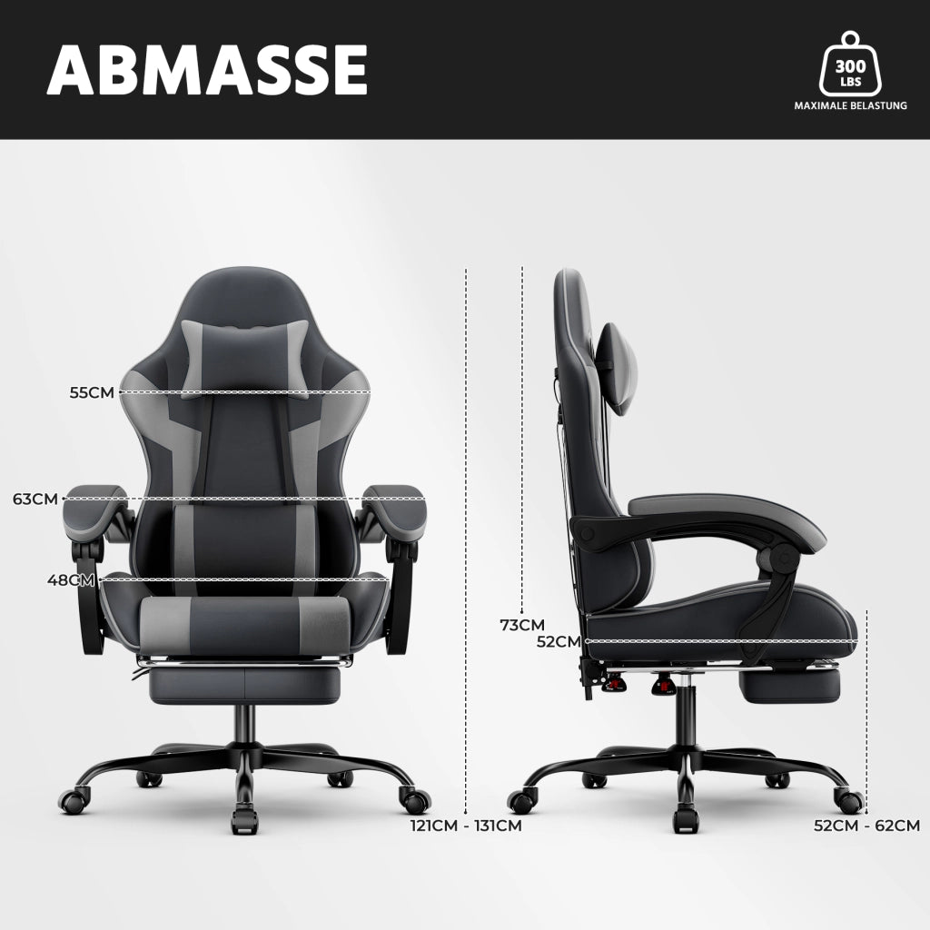 Sedia da ufficio gaming ergonomica con supporto lombare e poggiapiedi retrattile in PVC nero e grigio