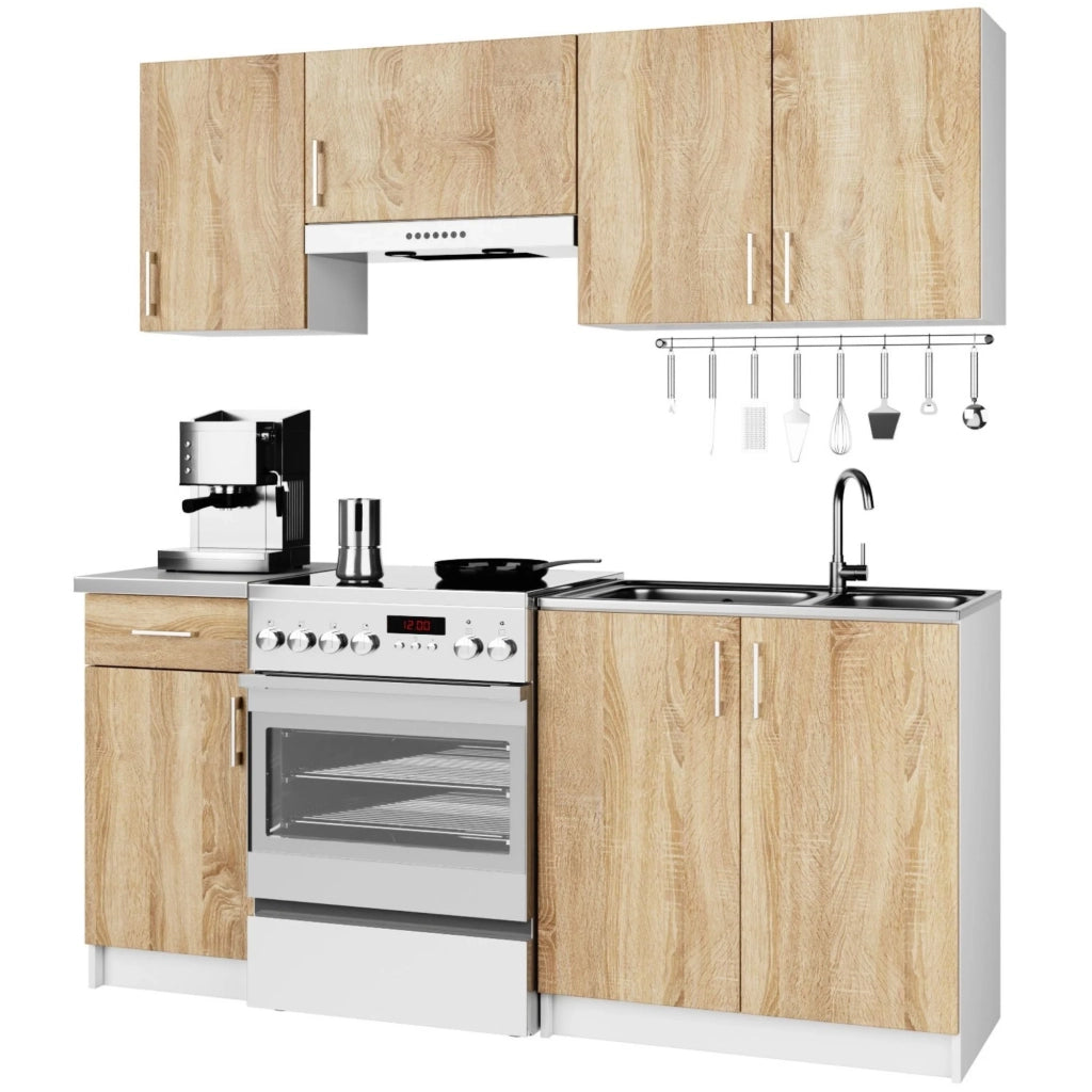 AKORD Set di Mobili da Cucina LIMA 180 cm Bianco 180 cm 7 ante 1 cassetto inserto frontale Sonoma Quercia 180x44,5x203 cm
