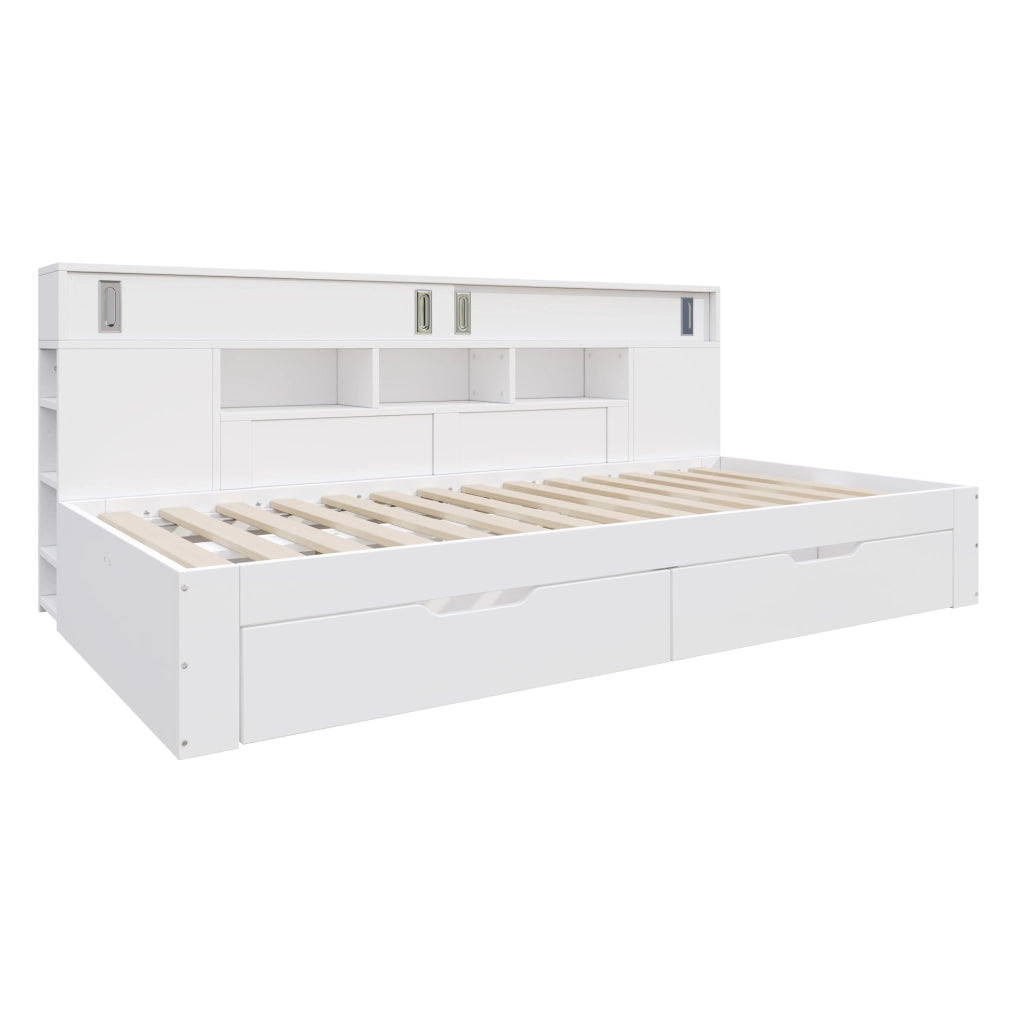 Letto singolo 90x200 cm con cassetti e vani contenitore; MDF; bianco (Senza materasso)