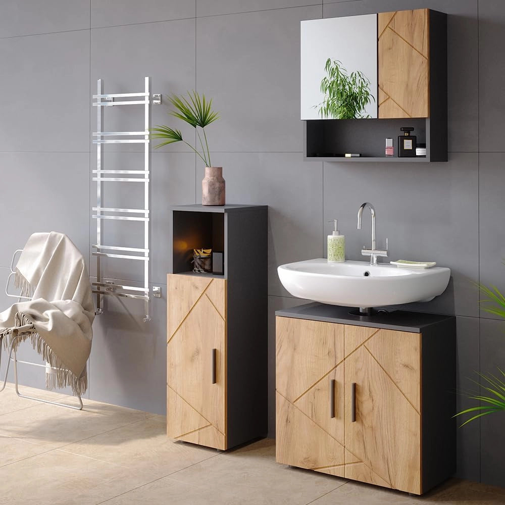 Mobiletto bagno Irma, Quercia dorata/antracite, 30 x 95 cm, per la conservazione di accessori da bagno e combinabile con Irma