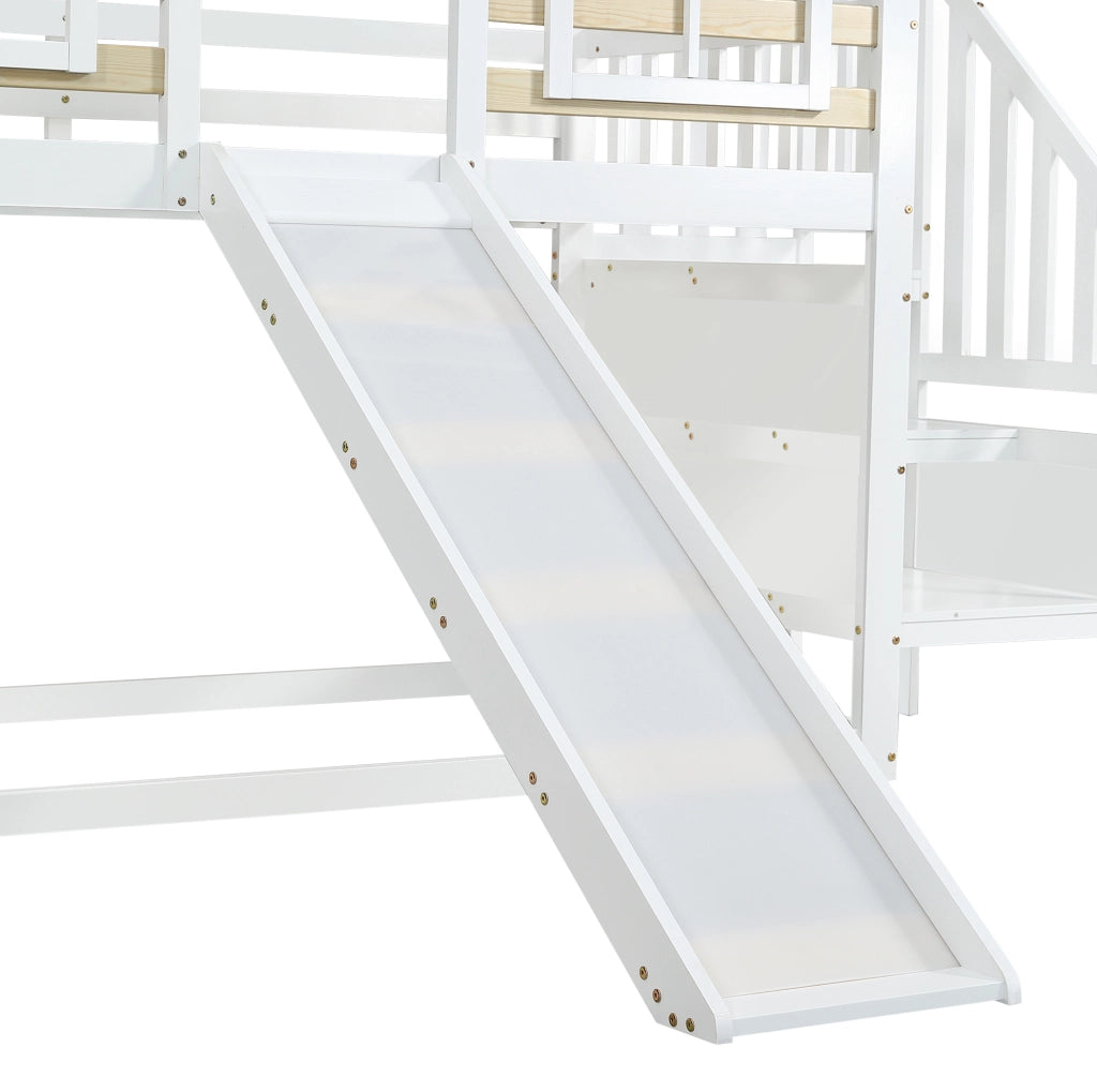Letto a castello per bambini con scivolo, scala e finestre 90x200 cm