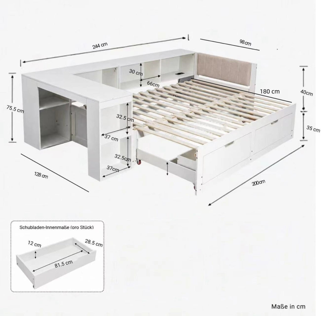 Letto combinato 90 × 200 cm estensibile con scrivania, presa elettrica EU, 2 cassetti, senza materasso, bianco