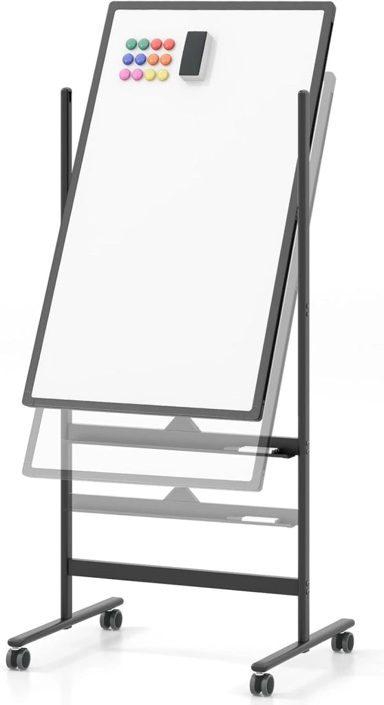 Lavagna Bianca Portatile con Ruote, Lavagna a Secco Reversibile con Pennarelli, Cancellino, Lavagna Bianca Regolabile in Altezza per Scuola, Ufficio, Casa, 68 x 56 x 155,5-183,5 cm (Nero)