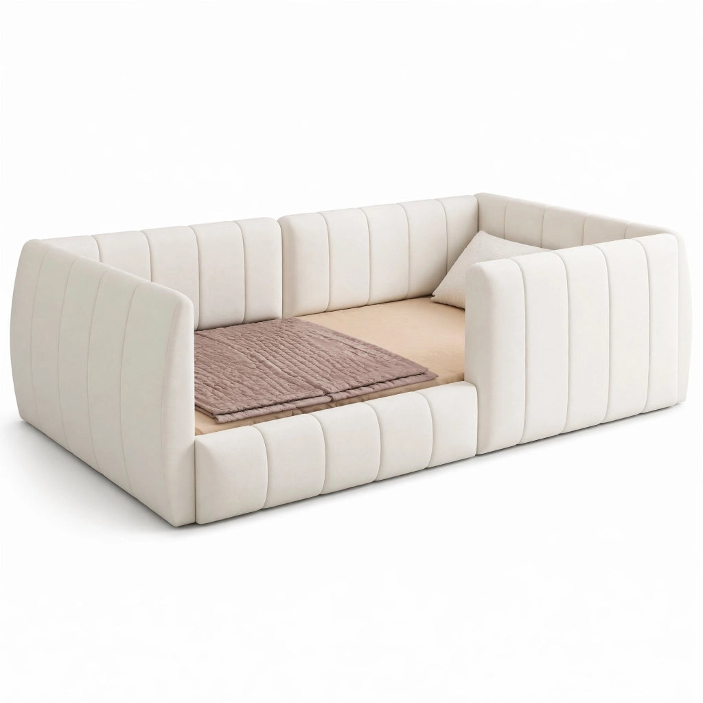 Letto singolo imbottito 90x200 cm con sponde di sicurezza; in velluto beige