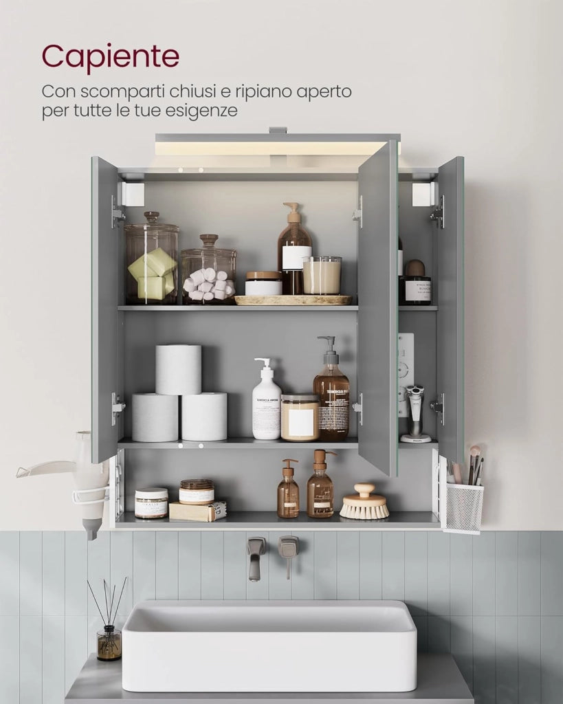 VASAGLE Mobile da Bagno con Illuminazione a LED, 16,5 x 70 x 75 cm, Multipresa Cestino Appeso Supporto per Asciugacapelli per Bagno Lavabo, Bianco Nuvola e Grigio Tortora BBK126G01