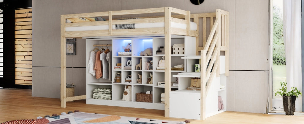 DESMIU Letto a soppalco 1 posto con vani, armadio e LED regolabile, 90 × 200 cm, senza materasso, legno bianco