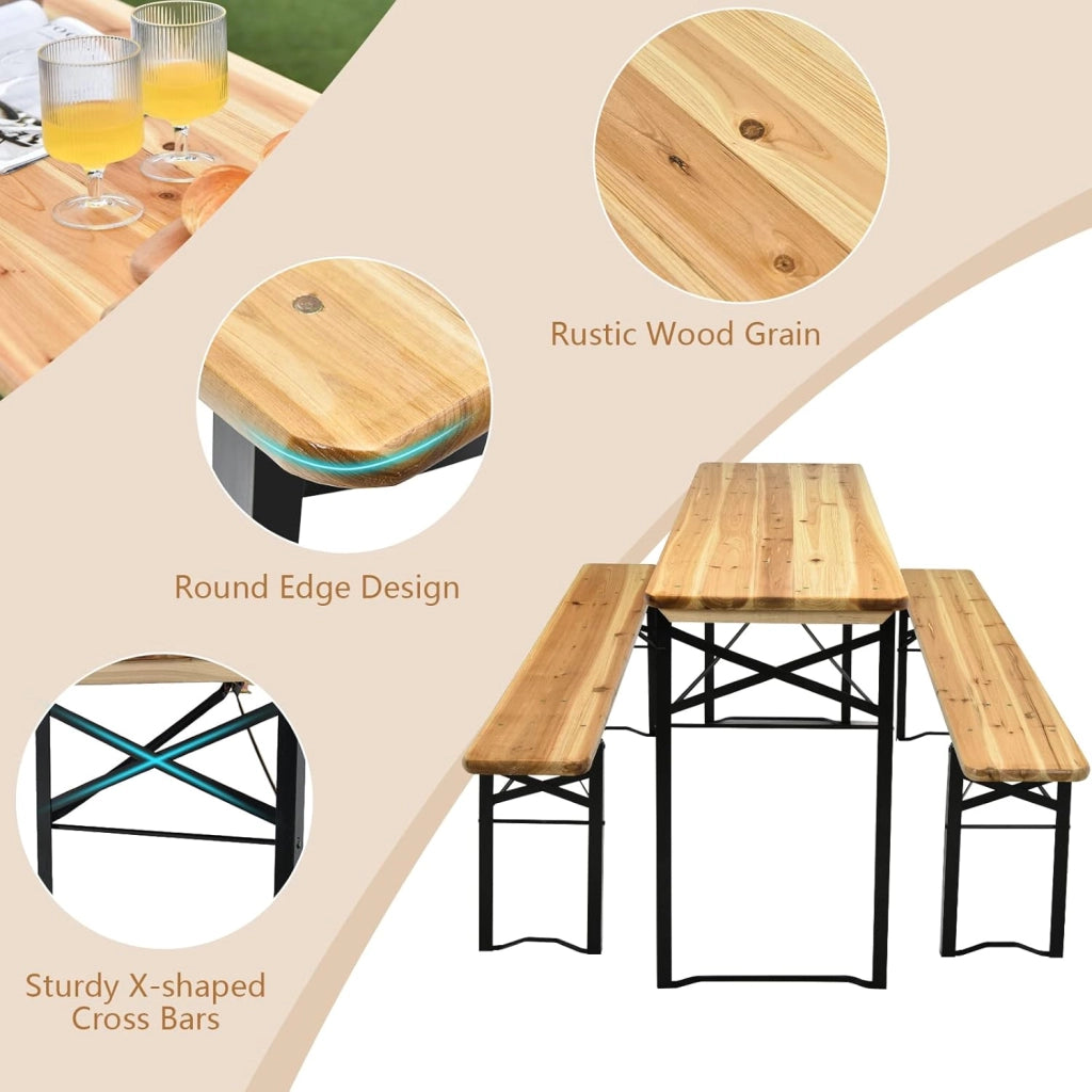 Set da Tavolo e 2 Panche da Campeggio Pieghevole, Tavolo da Picnic in Legno con Telaio e Gambe in Ferro Robusto，Adatto per Terrazza, Barbecue e Festa in Giardino
