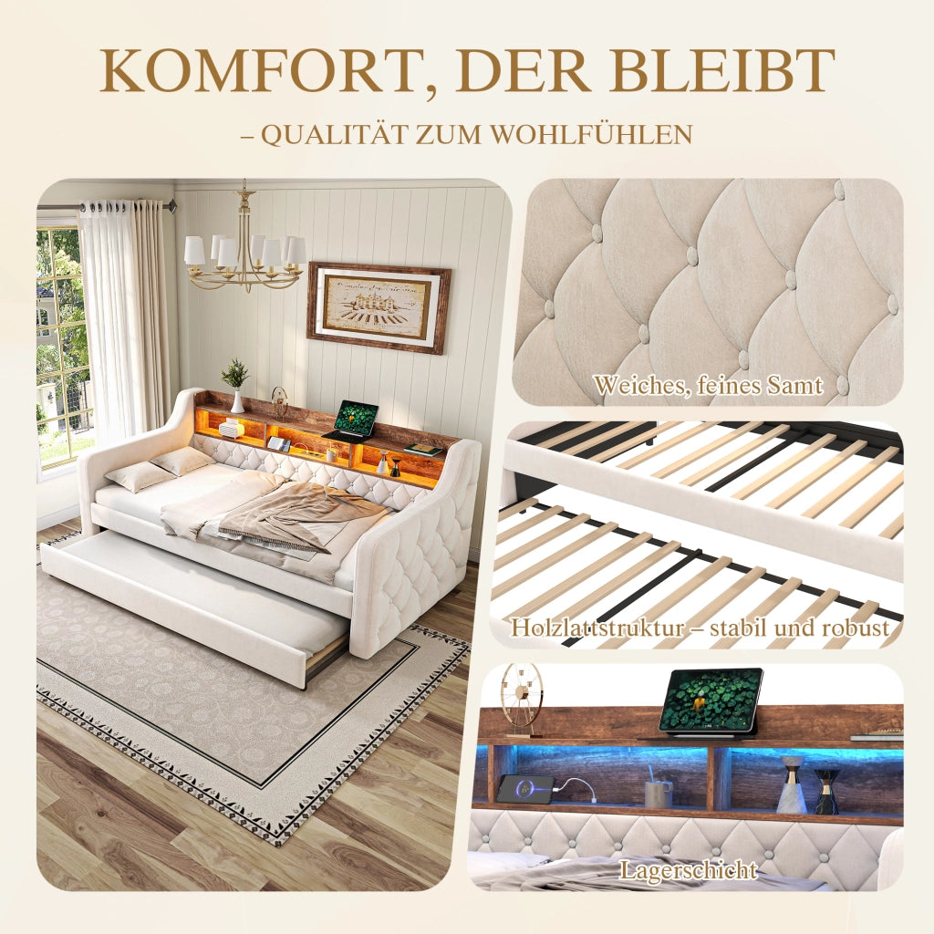Letto divano estraibile 90 × 190 cm con contenitore, LED regolabile, USB Type-C, senza materasso, in velluto beige