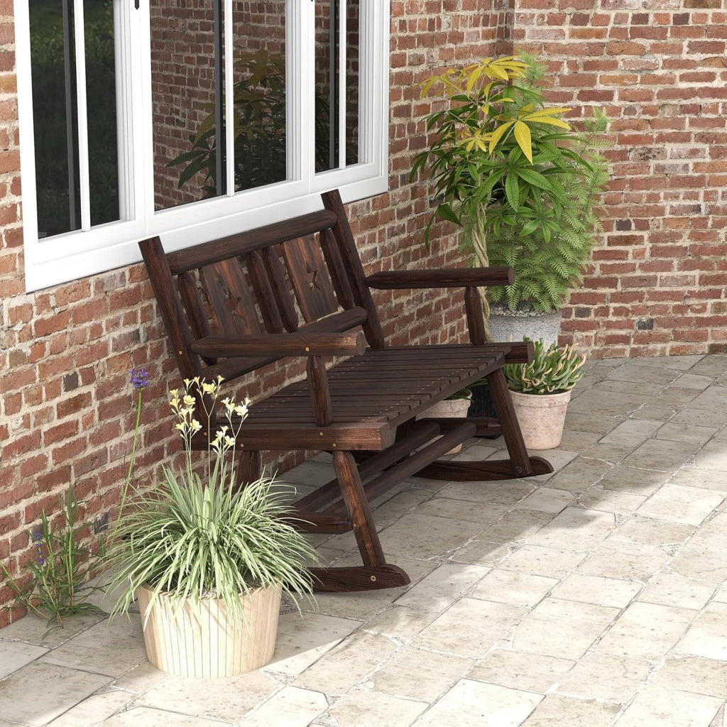 Sedia a Dondolo 2 Posti da Balcone, Panchina a Dondolo da Giradino in Legno di Pino e Abete, Sedia Dondolo Ergonomica Esterno Portato 320kg con Schienale e Braccioli, 111x85x89cm, Marrone