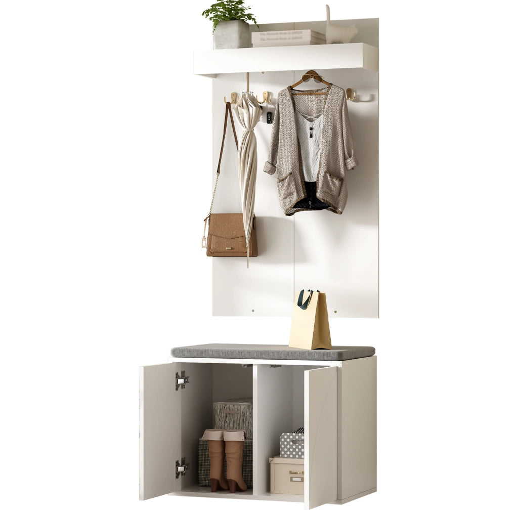Set ingresso 3 in 1 bianco con appendiabiti, scarpiera e panca 60x35 cm