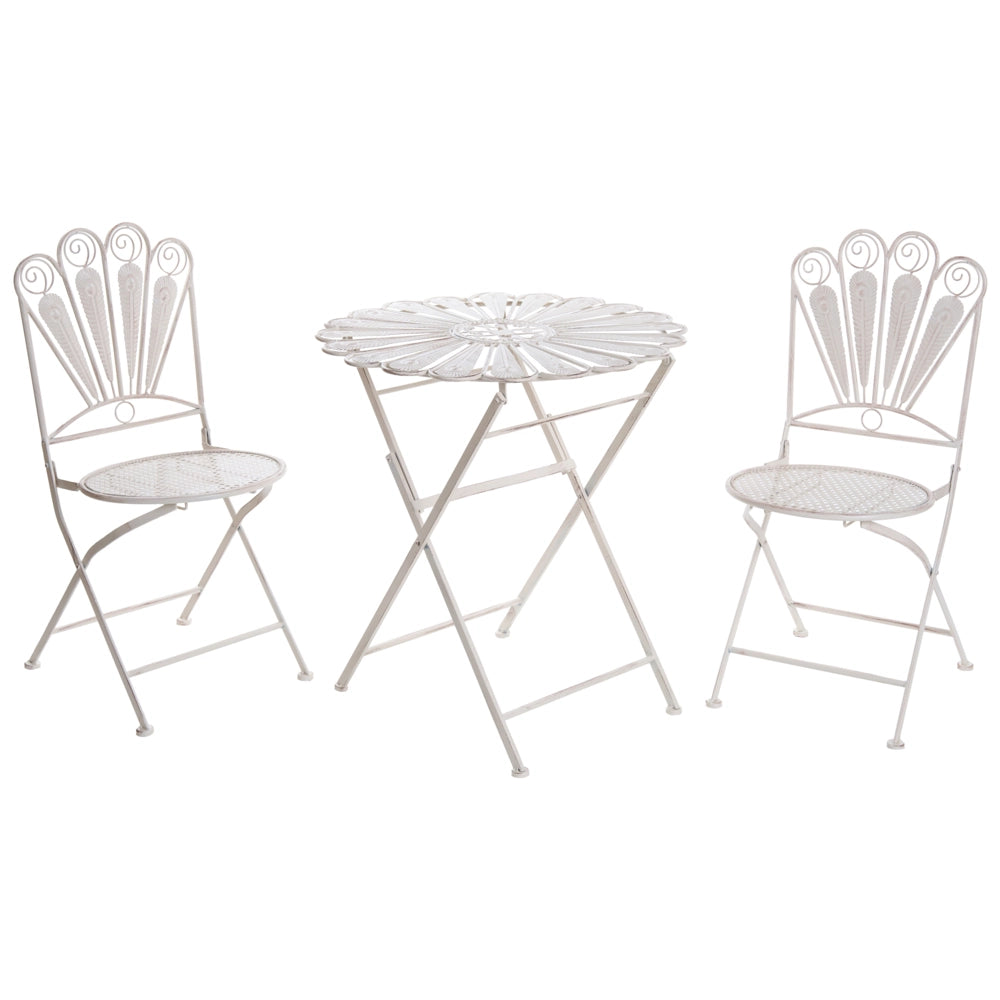Set da giardino per bistrot Tavolo e sedie in metallo verniciato a polvere bianco sporco Motivo pavone Effetto invecchiato