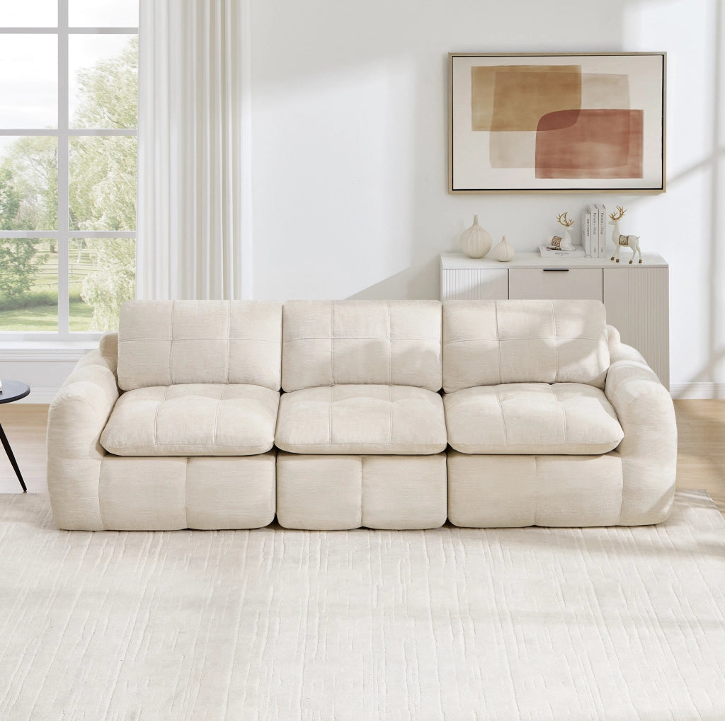 Divano modulare senza telaio in ciniglia beige; 264 x 97 x 68 cm