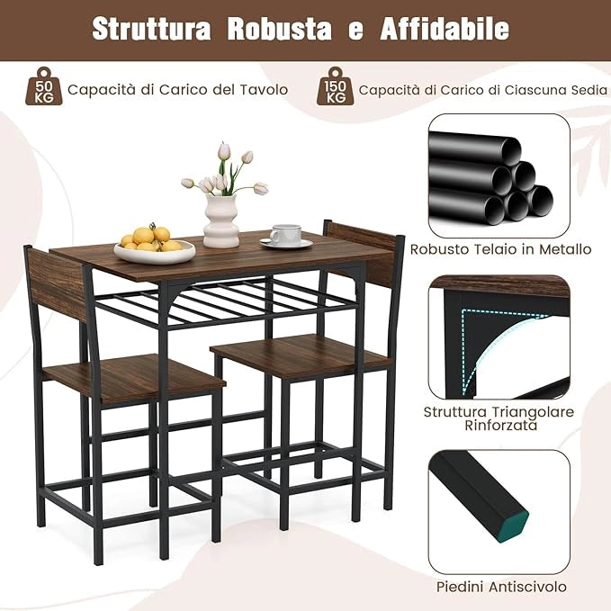 Set da Pranzo per 2 Persone, Set da 3 Pezzi di Tavolo Rettangolare in Legno e Sedie con Struttura in Metallo e Ripiano di Stoccaggio, per Angolo Colazione e Sala da Pranzo (Marrone)