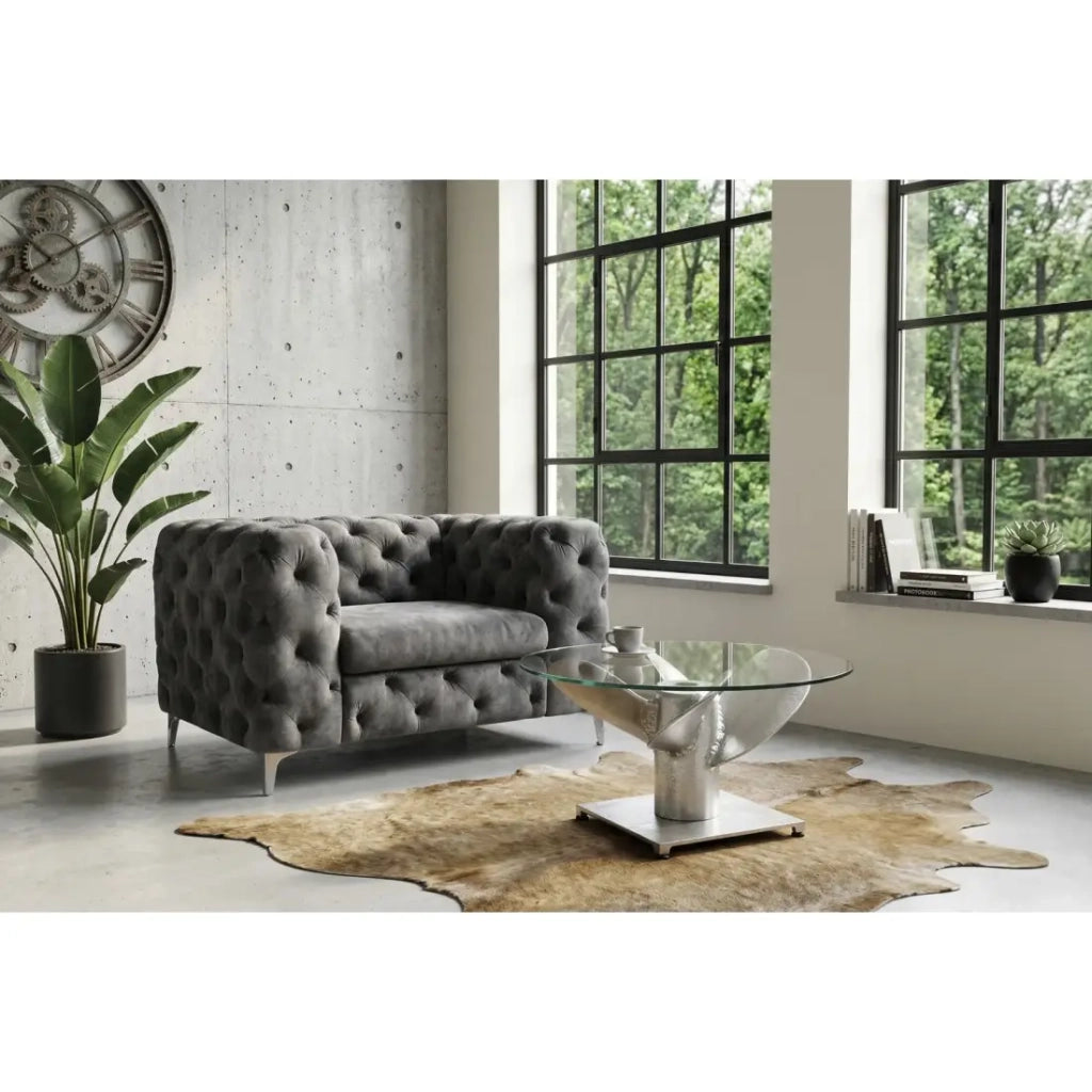 Tavolino basso ALUMIA rotondo 60 cm in alluminio argentato e vetro temperato – design industriale con piede a elica