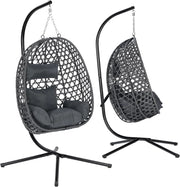 Poltrona Sospesa a Uovo, Sedia Sospesa con Supporto in Metallo, Cuscino e Poggiatesta, Altezza Regolabile, in Rattan PE, per Giardino, Terrazza, 102x100x196 cm, Grigio