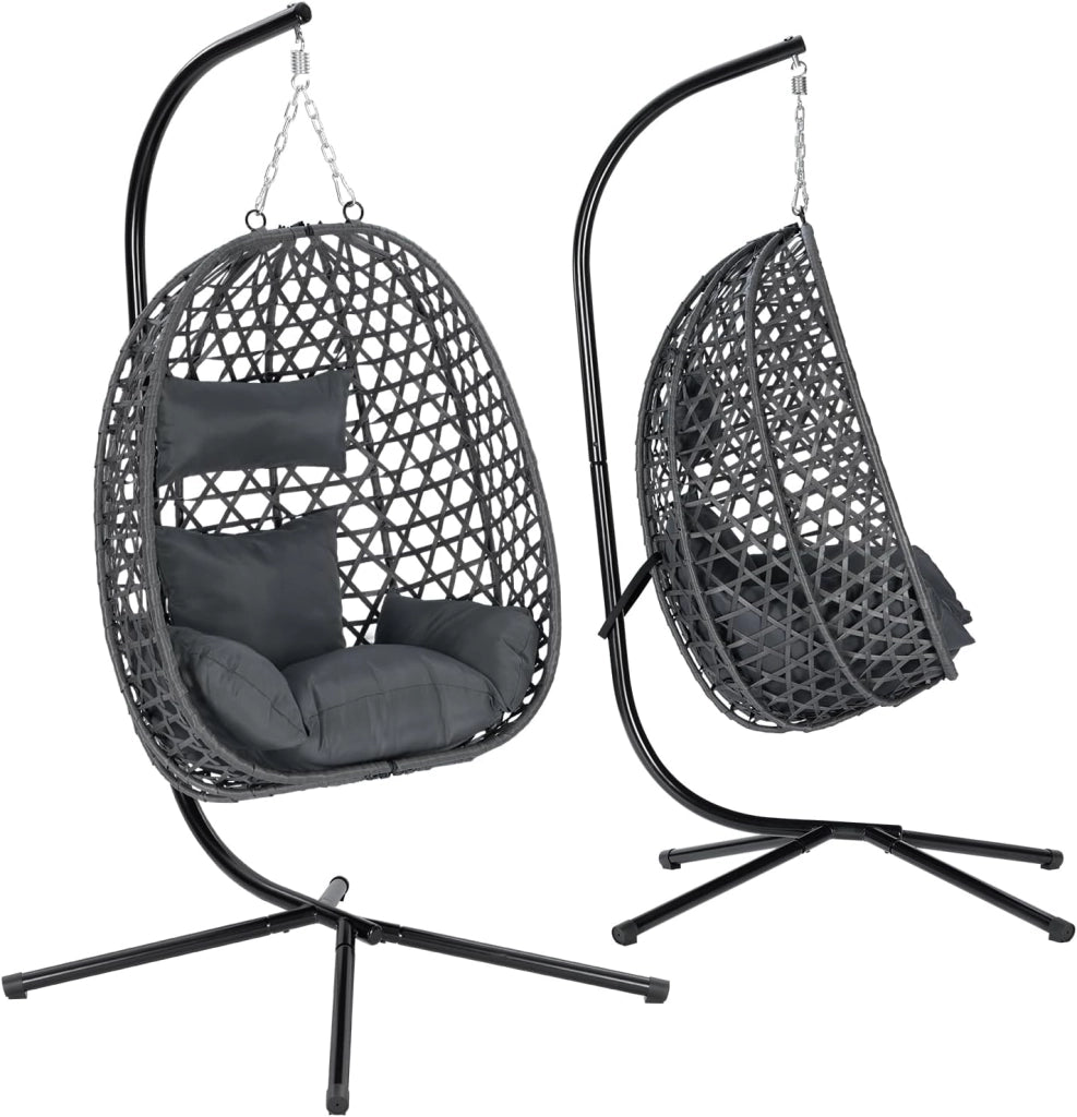 Poltrona Sospesa a Uovo, Sedia Sospesa con Supporto in Metallo, Cuscino e Poggiatesta, Altezza Regolabile, in Rattan PE, per Giardino, Terrazza, 102x100x196 cm, Grigio