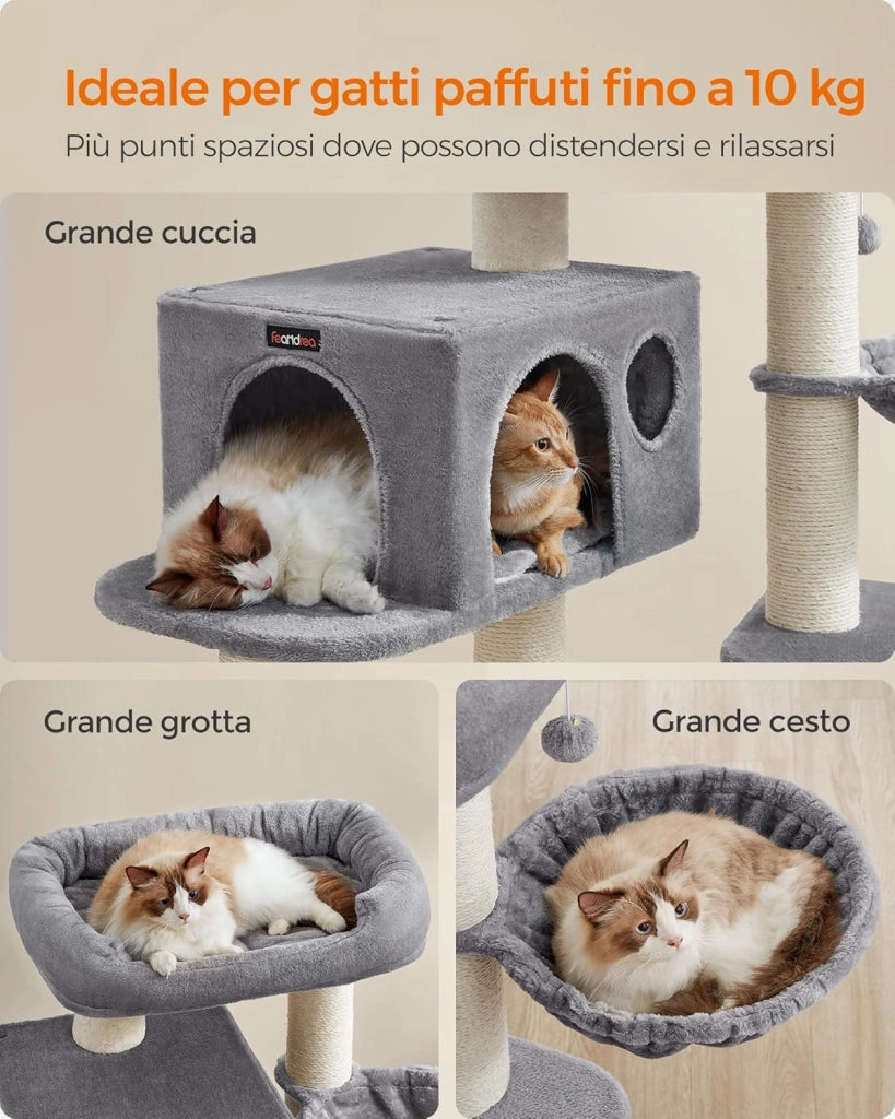 FEANDREA Tiragraffi, Albero per Gatti con Piazzola XXL in Peluche, Ampia Casetta e Cuccia Rotonda, unità Mobile, Spesse Colonne Completamente Rivestite in Corda Sisal, Stabile, Grigio Chiaro PCT01W
