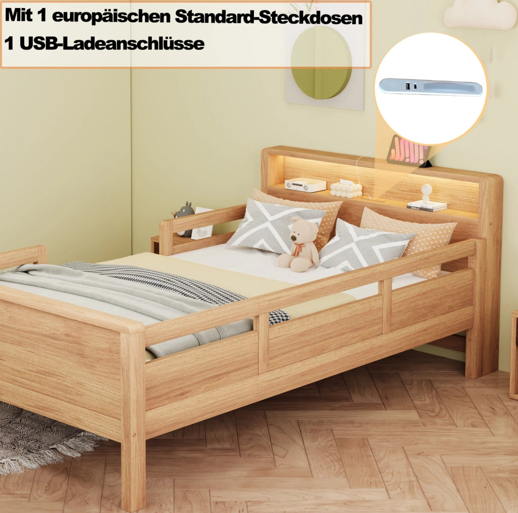 Letto singolo per bambini 90x200 cm in legno naturale con LED; USB; Type-C e testiera con vano