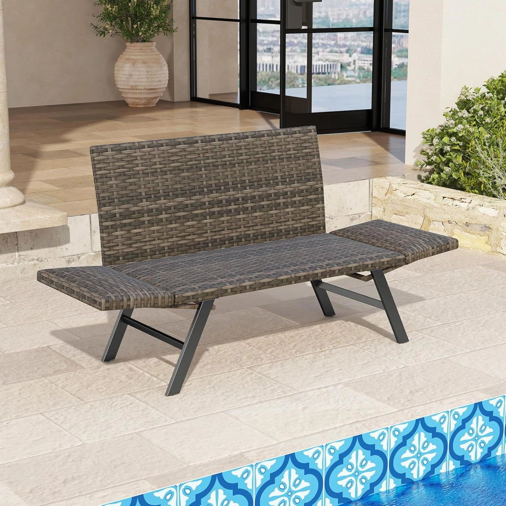 Divano da giardino in rattan a 2 posti, panca convertibile da esterno con braccioli regolabili, design intrecciato, lunghezza 163-178 cm, carico 300 kg, lettino da giardino per terrazza