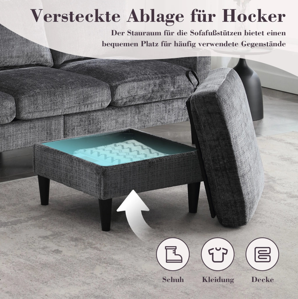 Divano 4 posti in ciniglia grigio con pouf contenitore
