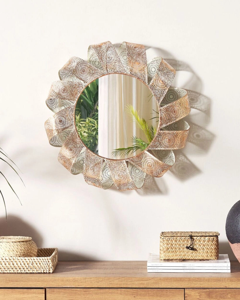 Specchio da parete Bianco con rame 54 cm Telaio rotondo a spirale Decorativo Soggiorno Camera da letto